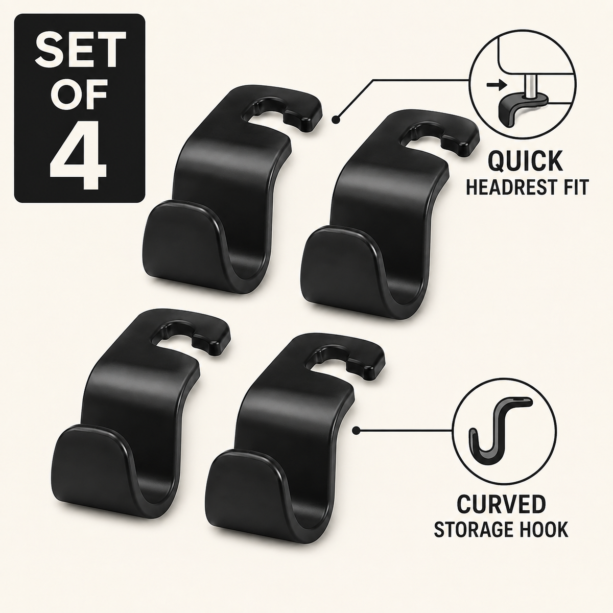 Car Headrest Storage Hooks - Set of 4
